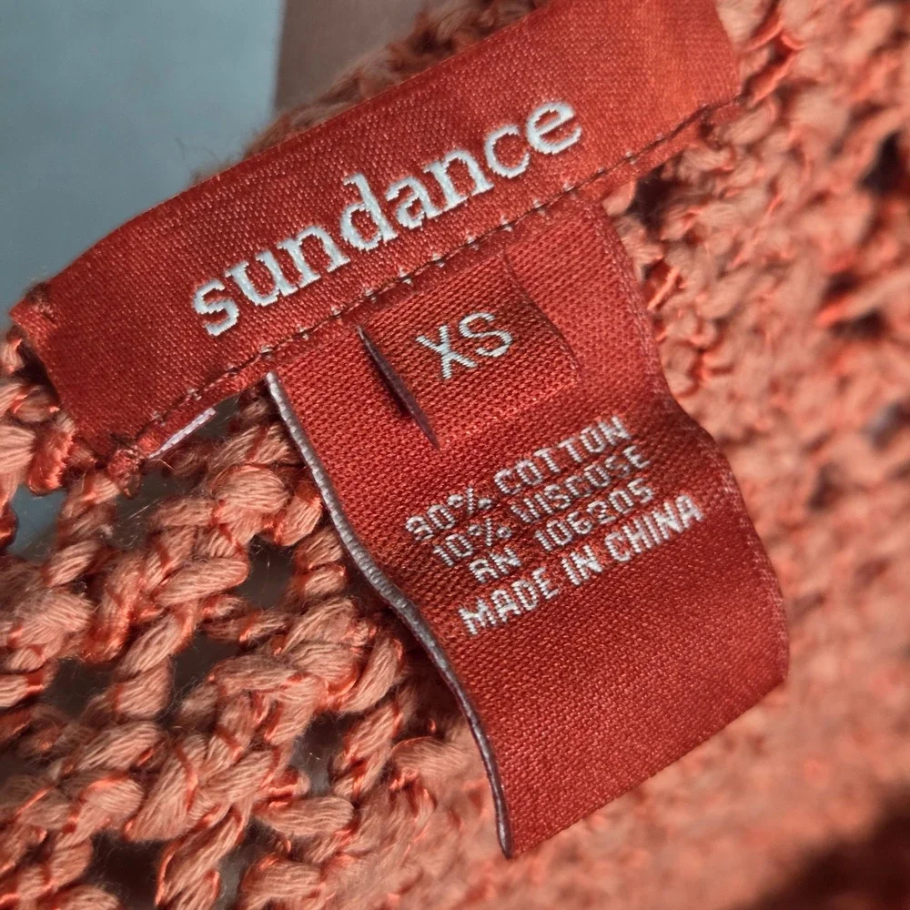 Sundance Women XS Crochet Open Knit V-Neck Sweater Tunic Coral Fisherman Chunky